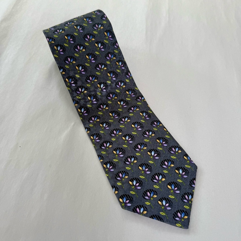 Ermenegildo Zegna Silk Tie Gray Purple Floral Geometric Made‎ in Italy